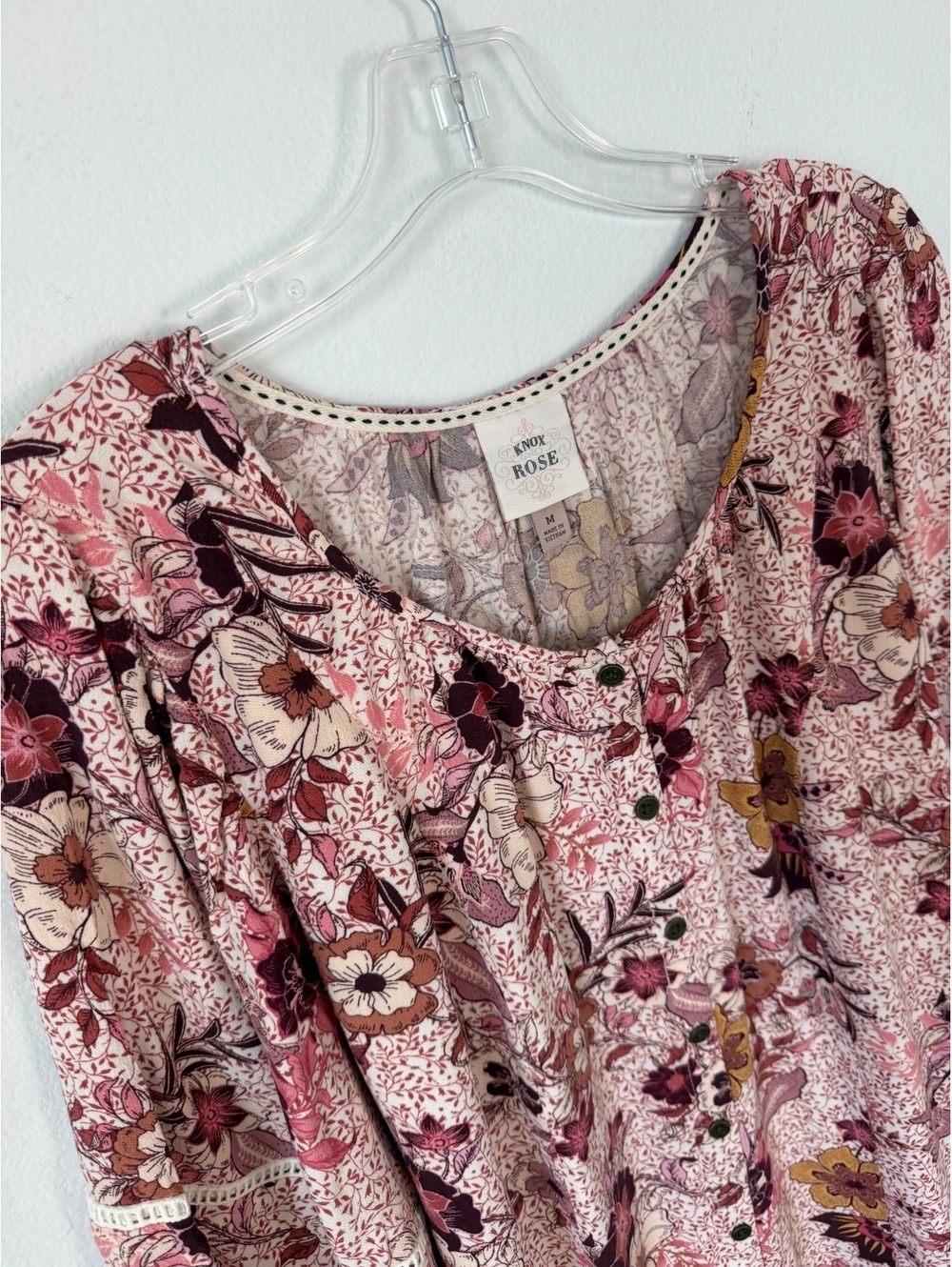 Knox Rose 3/4 Balloon Sleeve Scoop Neck Button Up Boho Floral Blouse Size M - Picture 3 of 8